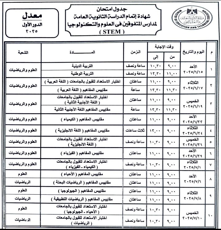  وزارة التعليم تعلن جدول امتحانات الثانوية العامة 2025م.. تعرف على المواعيد كاملة لكل الأنظمة